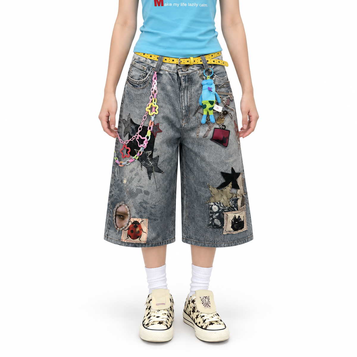 Washed Distressed Denim Shorts — white studio catalog image