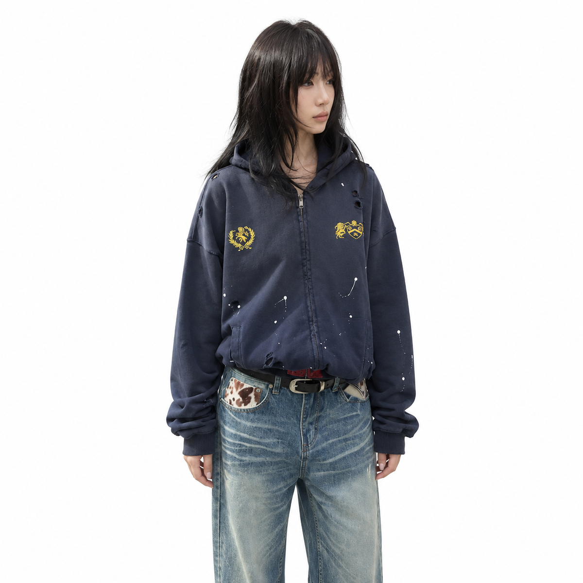 Washed Distressed Paint Splatter Zip-Up — white studio catalog image