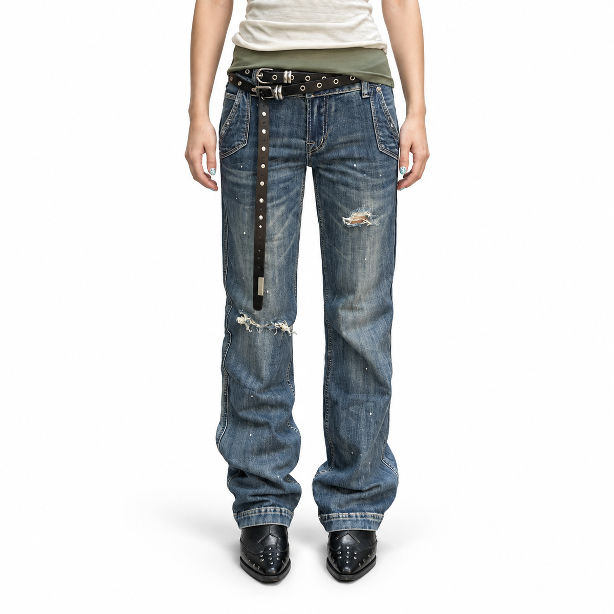 Washed Distressed Straight Leg Jeans — white studio catalog image
