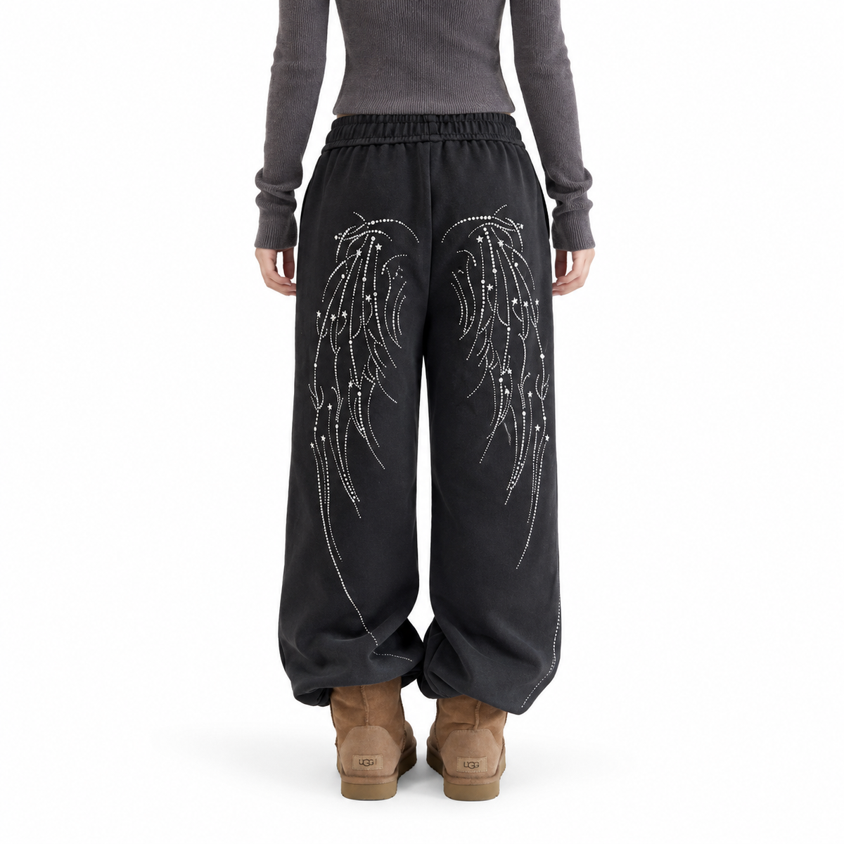 Wing Print Elastic Waist Wide Leg Sweatpants — white studio catalog image
