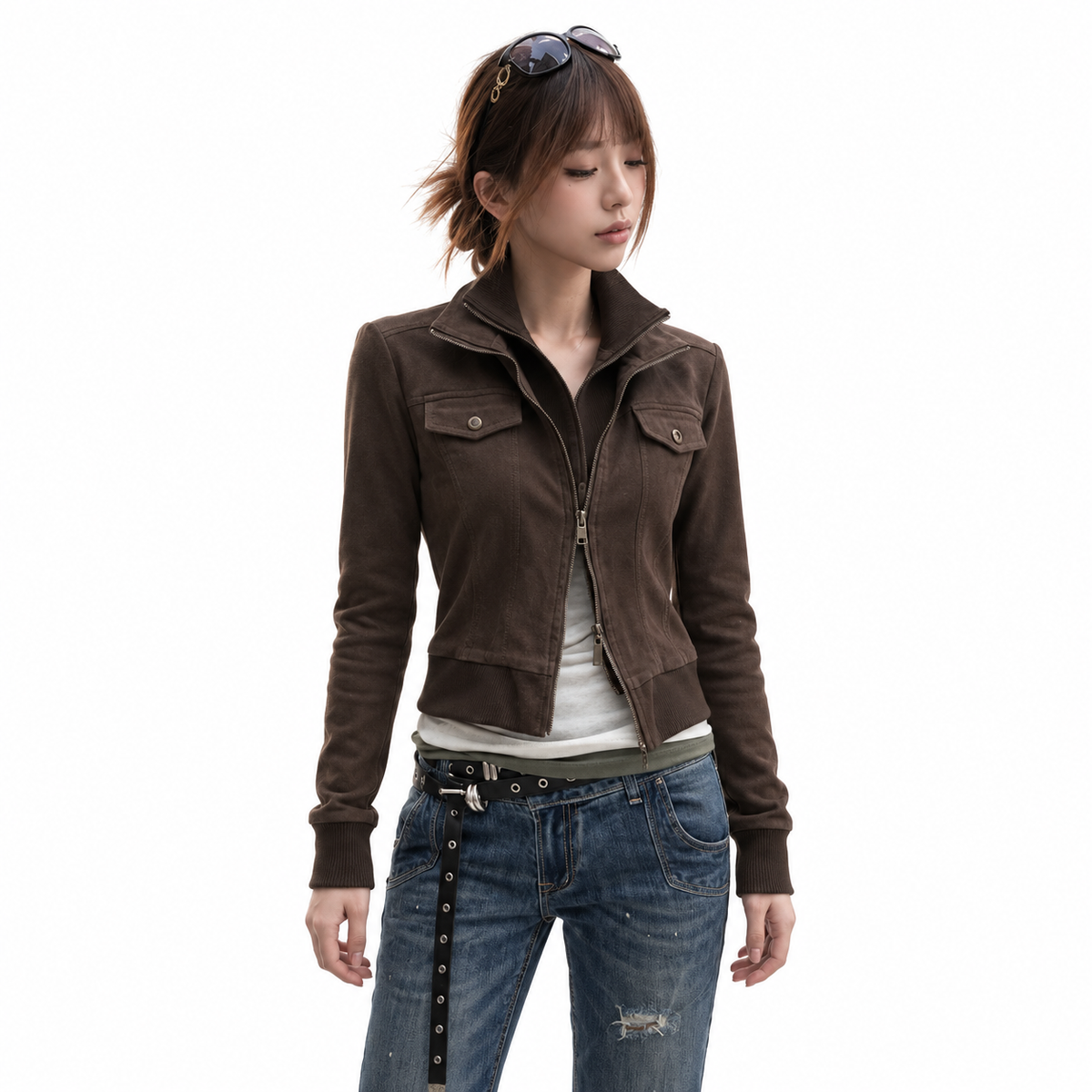 Women's American Style Stand Collar Layered Cardigan Short Jacket — white studio catalog image