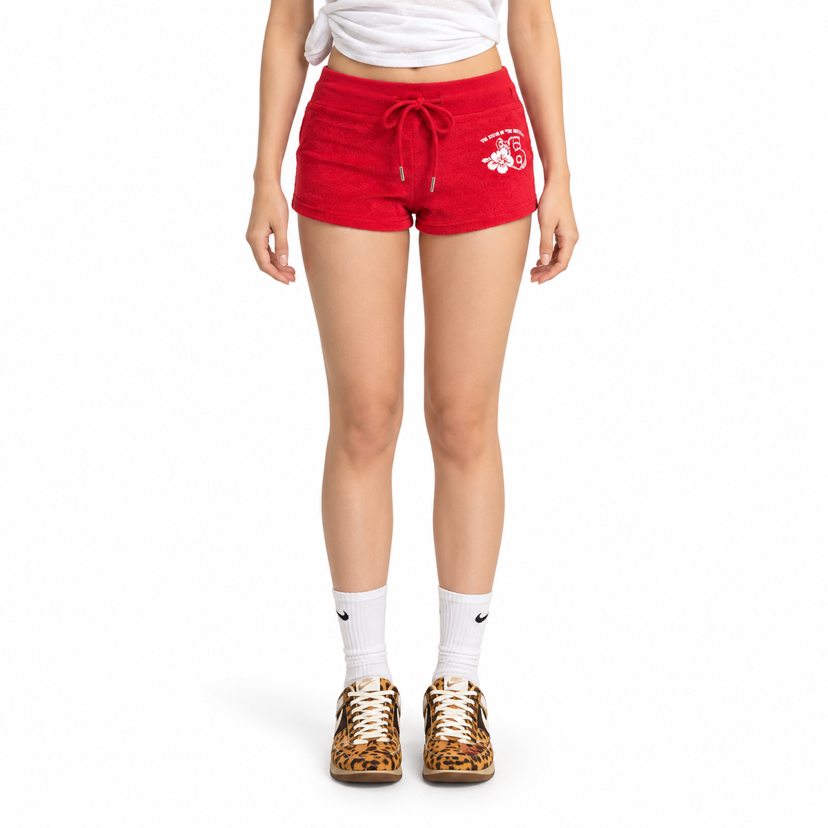 Women's Terry Beach Drawstring Casual Shorts — white studio catalog image