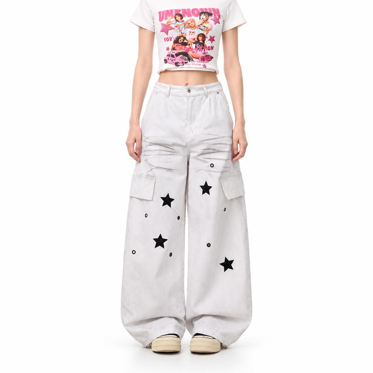 Y2K- Star Patch Cargo Pants — white studio catalog image