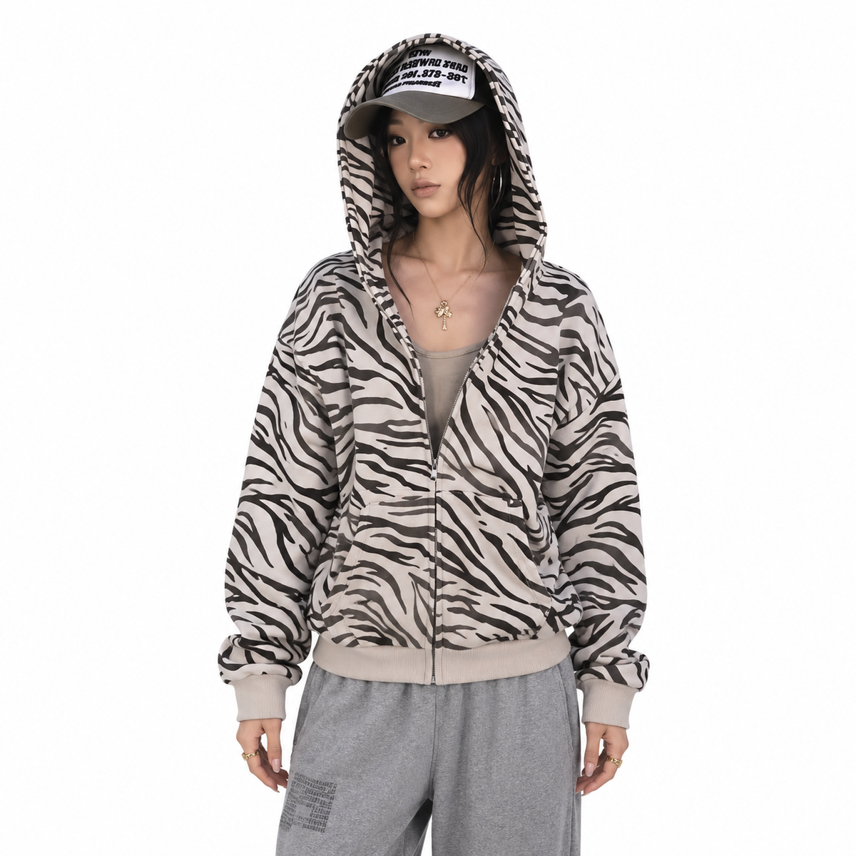 Zebra Print Zip Hoodie — white studio catalog image